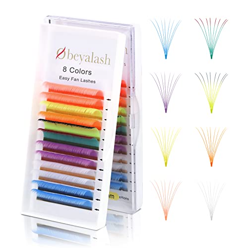 Obeyalash Colored Lash Extensions 8 Mixed Color Easy Fan Lashes Neon Pink Yellow Orange Ombre Purple White Blue Colored Eyelash Extensions 0.07mm Self Fanning Volume Lash Extensions 2D-20D(8 Colors 0.07D-15mm)