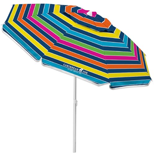 CARIBBEAN JOE Beach Umbrella, Portable and Adjustable Tilt Sun Umbrella with UV Protection, Vented Canopy, Sand Screw Anchor, Full 6.5 ft Arc, Rainbow Stripe