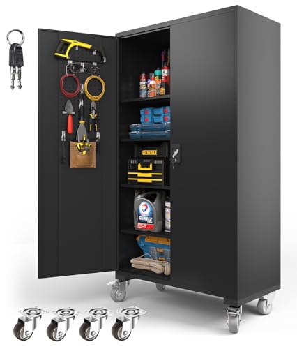 Fohufo Upgraded Wide Metal Storage Cabinet - 72 Inch Black Lockable Garage Cabinet with Wheels & 4 Adjustable Shelves | Heavy-Duty Steel Cabinet for Garage, Office, Pantry, Gym