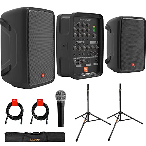 JBL Professional EON208P Portable All-in-One 2-Way PA System (8-Channel Mixer and Bluetooth) Bundle with Auray SS-47S-PB Speaker Stands and Carrying Case, Vocal Microphone, and 2X XLR-XLR Cables