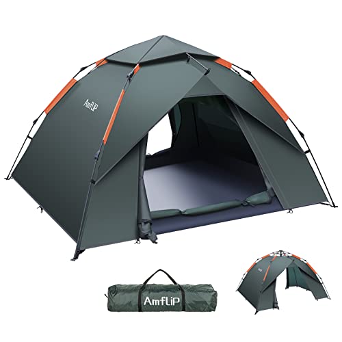 Amflip Camping Tent Automatic 2-3 Man Person Instant Tent Pop Up Ultralight Dome Tent 4 Seasons Waterproof & Windproof Camping Tent with Removable Outer Tarpaulin, Double Layers (Green)