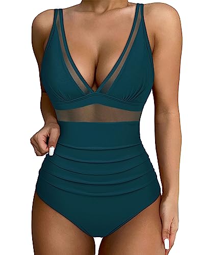 SUUKSESS Women Slimming Tummy Control One Piece Swimsuits Sexy Mesh High Waisted Monokini Bathing Suits (Peacock Blue, M)