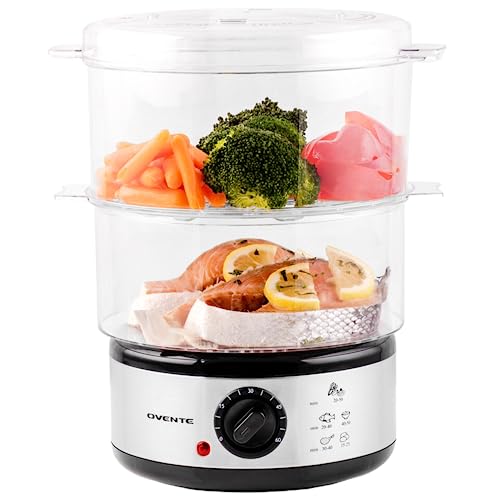 OVENTE 2 Tier Electric Food Steamer for Cooking Vegetables, Stainless Steel Base, BPA-Free Stackable Baskets & Dishwasher Safe, 400W with Auto Shutoff & 60-Minute Timer, 5 Quart Capacity, Silver FS62S