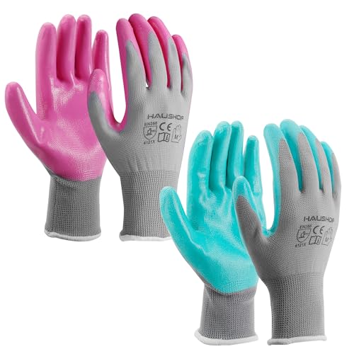 HAUSHOF 6 Pairs Garden Gloves for Women, Nitrile Coated Working Gloves, for Gardening, Restoration Work, Medium, Pink & Green, M