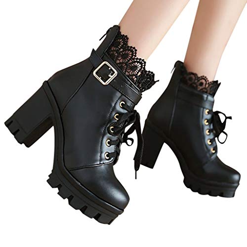 Hbeylia Women's Platform Combat Boots Fashion Lace Leather Chunky Pump Ankle Booties Leather Goth Anti Slip Lace Up High Heels Riding Short Boots for Women Bride Wedding Halloween Cosplay Party
