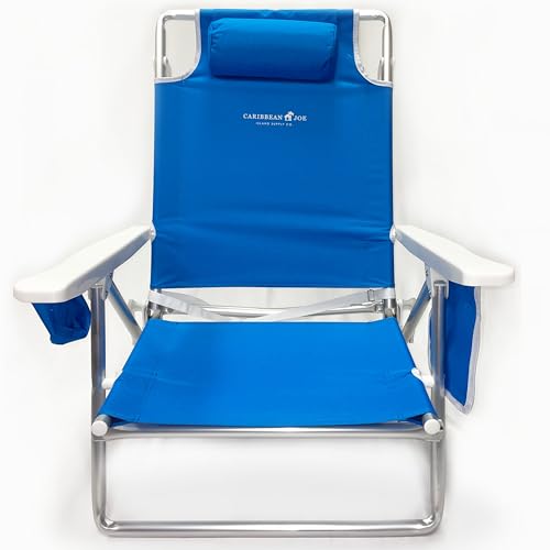 CARIBBEAN JOE Folding Beach Chair, 5 Position Lightweight, Portable Reclining Outdoor Camping Chair with Headrest, Shoulder Strap, and Cup Holder, Blue