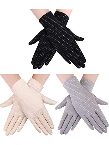 Boao 3 Pairs Women Sun Protective Gloves UV Protection Summer Sunblock Gloves Touchscreen Gloves for Driving Riding (Black, Beige, Gray)