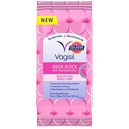 Vagisil Odor Block Daily Freshening Wipes for Feminine Hygiene in Resealable Pouch, Gynecologist Tested & Hypoallergenic, 20 count (Pack of 1)