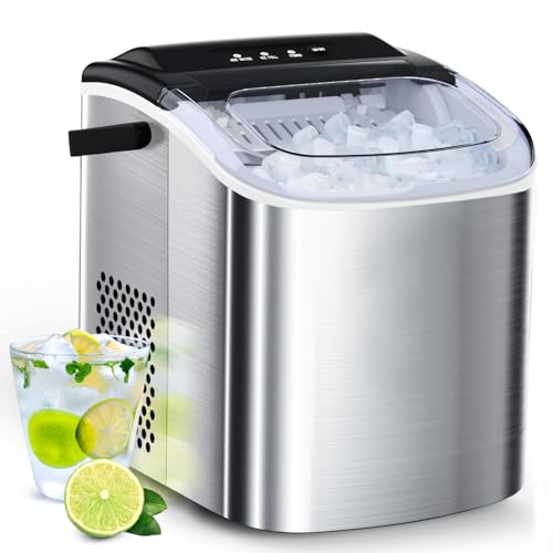 Joy Pebble Stainless Steel Ice Maker Countertop, 26Lbs/24H, 9 Cubes Ready in 6-8 Mins, Self-Cleaning Portable Ice Maker with Handle, for Home/Office/Bar (Silver)