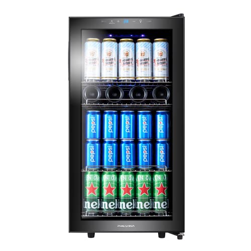 Phiestina Beer Fridge, Freestanding Beverage Refrigerator Holds 130 Cans, Small Beverage Cooler with Glass Door, Digital Temperature Control and Interior Lighting for Home Bar