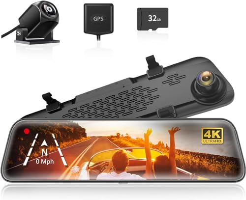 WOLFBOX G840S 12' 4K Mirror Dash Cam Backup Camera, 2160P Full HD Smart Rearview Mirror for Cars & Trucks, Front and Rear View Dual Cameras, Night Vision, Parking Assistance, Free 32GB Card & GPS