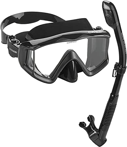 Cressi Panoramic Wide View Mask & Dry Snorkel Kit for Snorkeling, Scuba Diving | Pano 3 & Supernova Dry: Designed in Italy (Epsilon All-Black)