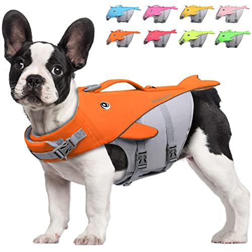 VIVAGLORY Sports Style Dog Life Jacket, Whale-Shape Life Vest for Small Dogs with Safety Light Loop, Safety Vest with Superior Buoyancy & Rescue Handle, Bright Orange S