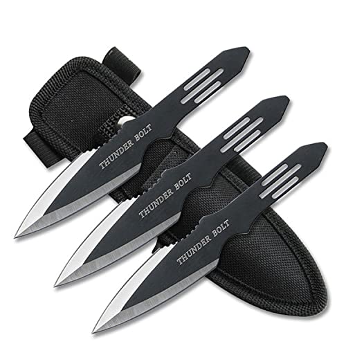 BladesUSA Perfect Point Throwing Knives – Set of 3 – Black/Satin Finish Blades w/ Thunder Bolt Etching, Black Stainless Steel Handles, Nylon Sheath, Full Tang, Well Balanced, Sport Knives – RC-595-3