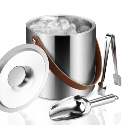 Bakpoco Double-Wall Vacuum Insulated Ice Bucket with Lid, Scoop, Ice Tong, Strainer & Leather Handle Keep Ice Frozen Longer Large Wine Ice Buckets for Cocktail Bar,Parties Chilling Beer Champagne 3L