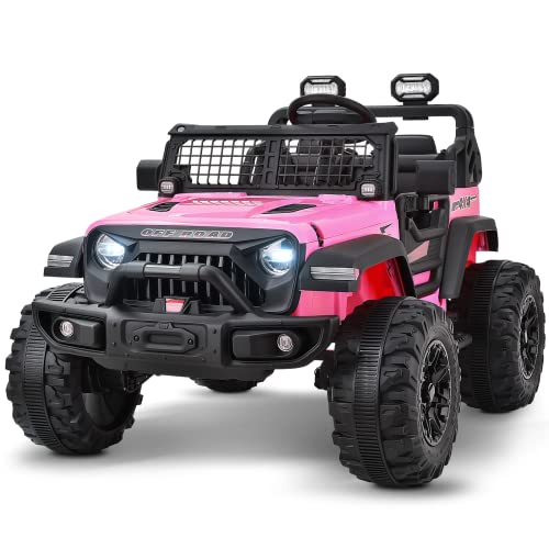 Blitzshark 24V MAX Ride-on Truck 2 Seater 4WD Kids Electric Vehicle 4x4 XXL Battery Powered Car, with 480W Ultra Powerful Motor, Remote Control, Full-Metal Suspension& Free DIY Sticker, Pink