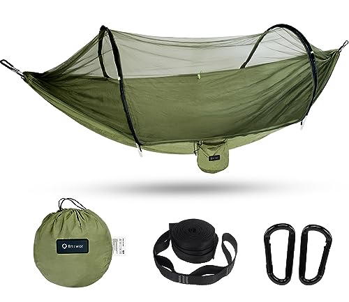 BTRWOR Camping Hammock- Lightweight and Portable Hammock with Mosquito Net, Pop-up Parachute Travel Hammock, Camping Accessories for Outdoor, Indoor, Backpacking, Beach w/Tree Straps (Olive)