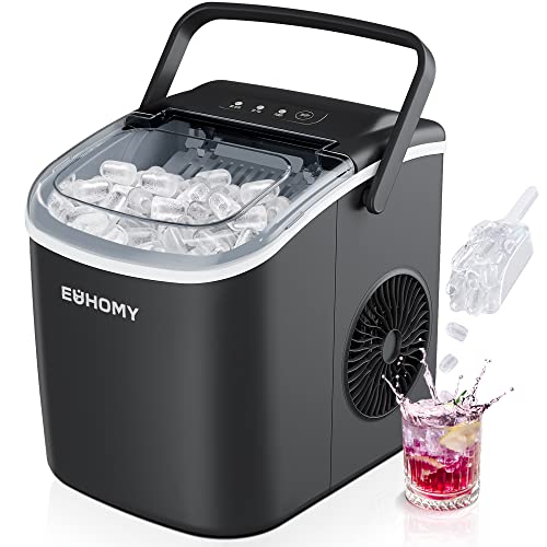 EUHOMY Countertop Ice Maker Machine with Handle, 25.5lbs in 24Hrs, 9 Ice Cubes Ready in 6 Mins, Auto-Cleaning Portable Ice Maker with Basket and Scoop, for Home/Kitchen/Camping/RV. (Black)