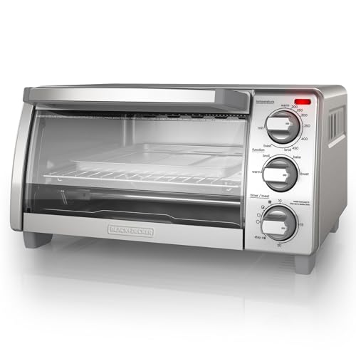 BLACK+DECKER 4-Slice Toaster Oven, TO1745SSG, Even Toast, 4 Cooking Functions Bake, Broil, Toast and Keep Warm, Removable Crumb Tray, Timer