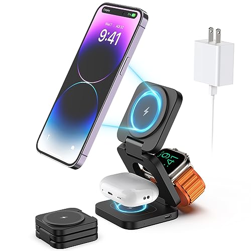 Foldable 3 in 1 Charging Station for Apple,KU XIU Fast Magnetic Wireless Charger Compatible with iPhone14/13/12 Pro/Max,5W for Apple Watch Ultra, AirPods 3/2/Pro&Multple Devices(Adapter Included)Black