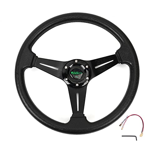 RASTP Universal Racing Steering Wheel 13.8”/350mm 6 Bolts Grip Vinyl Leather & Aluminum with Horn Button for Car -Black