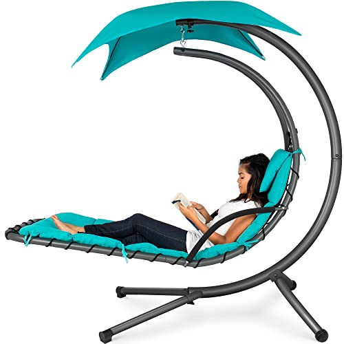 Best Choice Products Outdoor Hanging Curved Steel Chaise Lounge Chair Swing w/Built-in Pillow and Removable Canopy - Teal