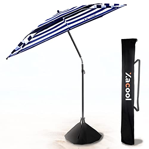 Xacool Beach Umbrella with Sand Anchor, Super Windproof with 360° Tilt, Best UV Protection and Double-Layer Ventilation, Portable with Shovel and Large Sand Bag (7ft White Navy Blue)