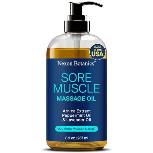 Sore Muscle Massage Oil 8 fl oz - Body Massage Oil for Massage Therapy - Peppermint, Lavender, Arnica Oil for Pain Relief, Muscle Relaxing - Nexon Botanics