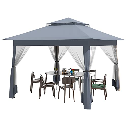 Gazebo, CBBPET 11'x 11' Pop Up Gazebo with Mosquito Netting, Outdoor Canopy with Double Roof Tops and 121 Square Feet of Shade for Patio, Group Gatherings, Camping Shelter (Gray)