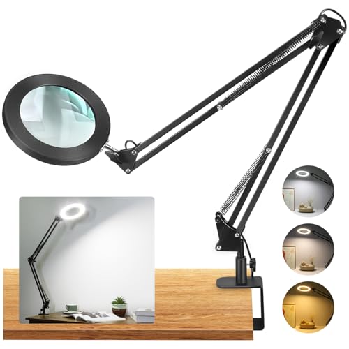 Large 10X Magnifying Glass with Light, 5 in Real Glass Stand Lighted Magnifier, 3 Color Modes Steepless Dimmable LED Magnifying Desk Lamp with Clamp, Hands Free for Close Work Crafts Hobby