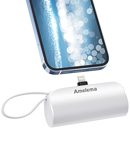 amelema Small Portable Charger for iPhone,5000mAh Mini Power Bank with Built-in Cable/Metal Stand, Cute Battery Pack Compatible with iPhone 14/14 Plus/Pro Max/13/12/11/XS/XR/X/8/7/Airpods (White)