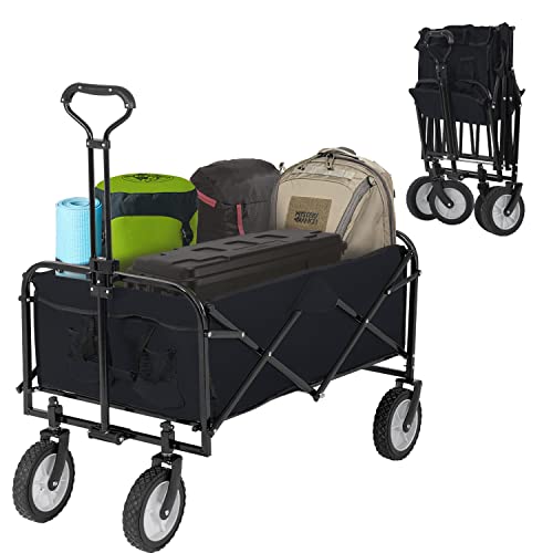 Collapsible Folding Wagon Garden Cart Beach Wagon Grocery Wagon All-Terrain Wheels Garden Grocery Wagon (Black)
