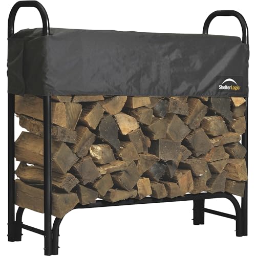 ShelterLogic 4' Adjustable Heavy Duty Outdoor Firewood Rack with Steel Frame Construction and Water-Resistant Cover