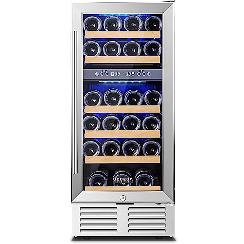 BODEGA 15 Inch Wine Cooler Under Counter, 28 Bottle Dual Zone Wine Fridge, with Double-Layer Glass Door, Temperature Memory and Digital Temperature Control, Built-in or Freestanding