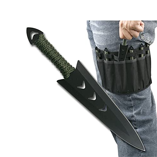 Perfect Point Throwing Knives – Set of 6 – Black Stainless Steel Blades, Green Cord Wrapped Handles, Nylon Sheath, Full Tang Construction, Well Balanced, Throwing Sport Knives – RC-040-6