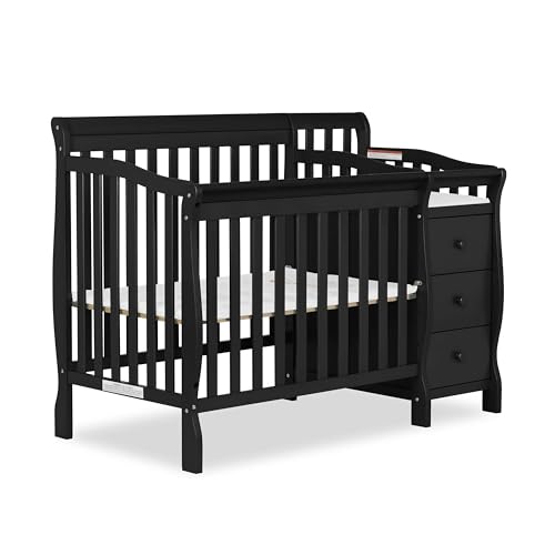 Dream On Me Jayden 4-in-1 Mini Convertible Crib And Changer in Black, Greenguard Gold Certified, Non-Toxic Finish, New Zealand Pinewood, 1' Mattress Pad