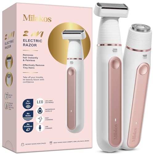 Milakos Electric Bikini Trimmer for Women: 2-in-1 Electric Razor Shaver for Hair Removal from Pubic Area Face Legs - Rechargeable Waterproof