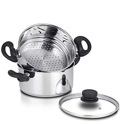 Nevlers Stainless Steel 3 Quart Steamer Pot with 2 Quart Steamer Insert and Glass Vented Lid - 3 Piece Set - Safe and Durable - Great Addition to Every Kitchen