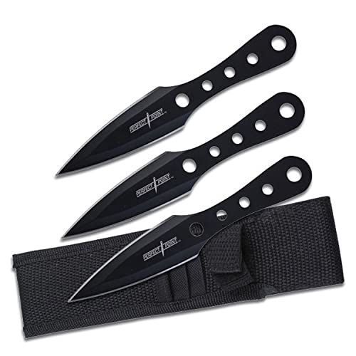 Perfect Point Throwing Knives – Set of 3 – Black Oxidized Stainless Steel Blades and Handles, Includes Nylon Sheath, Full Tang Construction, Well Balanced, Throwing Sport Knives – PP-022-3B