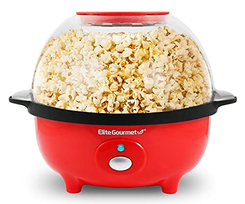 Elite Gourmet EPM330R Automatic Stirring 3Qt. Popcorn Maker Popper, Hot Oil Popcorn Machine with Measuring Cap & Built-in Reversible Serving Bowl, Great for Home Party Kids, Safety ETL Approved, Red