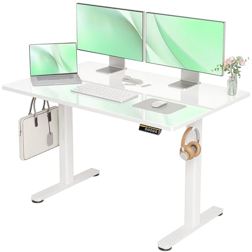 Claiks Glass Standing Desk, Electric Standing Desk Adjustable Height, 48 Inch Adjustable Stand Up Desk, Quick Install Home Office Computer Desk, Supter White