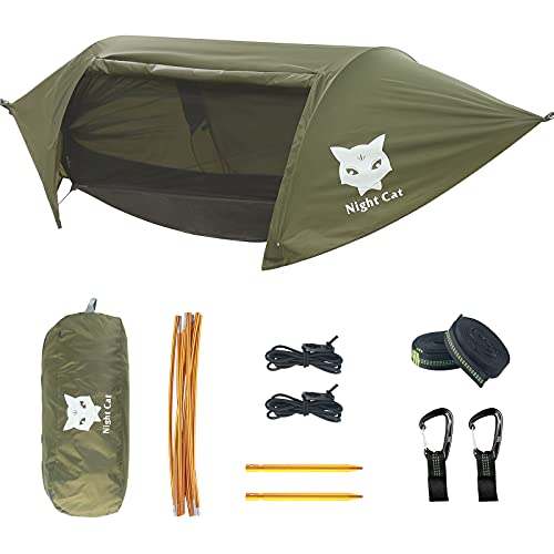 Night Cat Camping Hammock Tent with Mosquito Net and Rain Fly 1-2 Persons Backpacking Bivvy Ground Tent with Tree Strap Swing Heavy Rain Waterproof Lightweight 440lbs