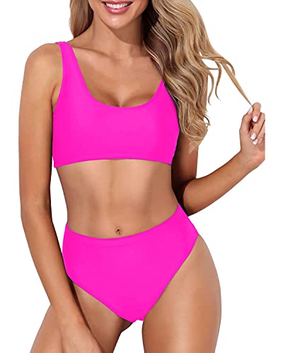 Tempt Me Women Hot Pink Two Piece Scoop Neck Bikini Crop Top High Cut Swimsuit Sporty High Waisted Bathing Suit with Bottoms M