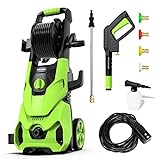 Rock&Rocker Powerful Electric Pressure Washer, 3500PSI Max 2.6 GPM Power Washer with Hose Reel, 4 Quick Connect Nozzles, Soap Tank, IPX5 Car Wash Machine /Car/Driveway/Patio Clean, Green