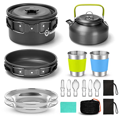 Odoland 15pcs Camping Cookware Mess Kit, Non-Stick Lightweight Pot Pan Kettle Set with Stainless Steel Cups Plates Forks Knives Spoons for Camping, Backpacking, Outdoor Cooking and Picnic