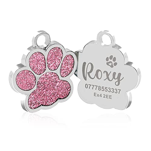 Dog Tags Engraved for Pets Personalized Paw Print Stainless Steel Pet Tag for Dogs Cats Custom Dog ID Tags Dog Name Tags Glitter Bling ID Tag for Cat Pet Dog Puppy(Pink Design 4)
