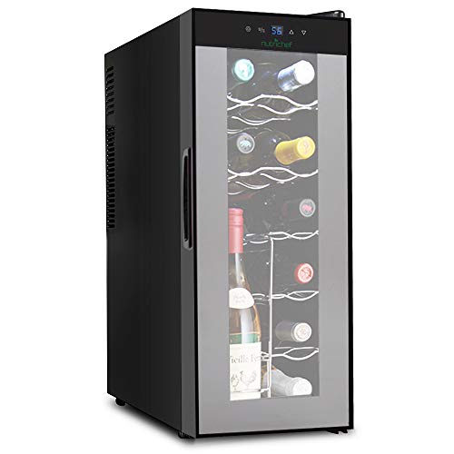 NutriChef PKTEWC120 Nutrichef 12 Bottle Thermoelectric Wine Cooler Refrigerator | Red, White, Champagne Chiller | Counter Top Wine Cellar | Quiet Operation Fridge | Touch Temperature Control,Silver