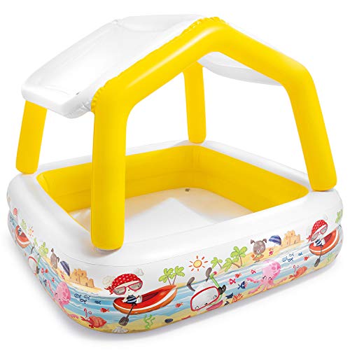 Intex Sun Shade 5 Foot Square Inflatable Durable 10 Gauge Vinyl Kiddie Pool with Ocean Scene and Canopy for Ages 3 Years and Up, Multicolor