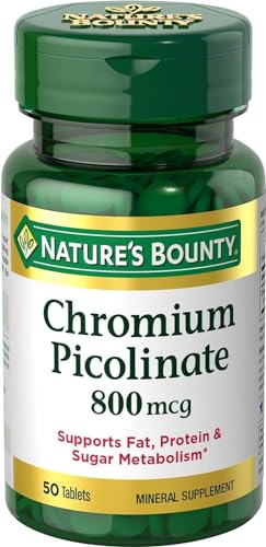 Nature's Bounty Chromium Picolinate, Supports Fat, Protein & Sugar Metabolism, Mineral Supplement, 800 mcg, 50 Tablets