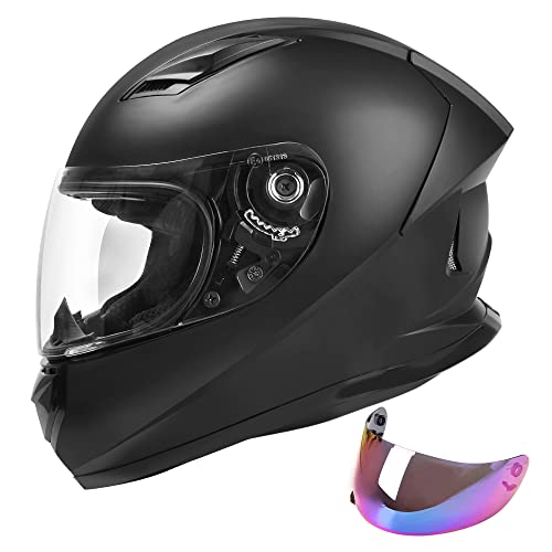 JAGASOL DOT Lightweight Full Face Motorcycle Street Bike Helmets with Extra Tinted Visor for Adults Men and Women, DOT Approved(Matte Black,L)